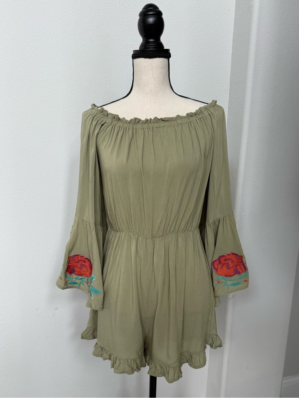 Mother’s Day BOGO Free! entro Olive Green Boho Romper with Floral Embroidery